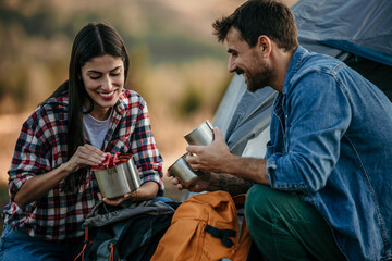 An adventurous young couple at their campsite and drinking coffee