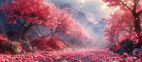 Pink Sakura Blossoms Falling in a Mountainous Landscape