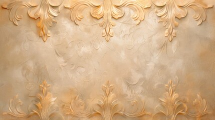 Elegant venetian plaster wall with ornate floral patterns in gold and beige tones, perfect for background or interior design inspiration.