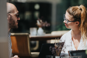 Startup team in a business meeting discussing, brainstorming, analyzing, and strategizing ideas in an outdoor cafe setting.