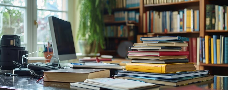 Cozy home office with books, laptop, and desk essentials, perfect for study or productivity in an inspiring setting.