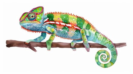 A chameleon is shown in a cute, kawaii watercolor painting, isolated on a white background, with changing colors and a playful smile