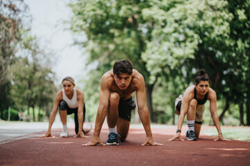 Athletes lined up at the starting positions on a track, ready to race outdoors. Focused and determined expressions.