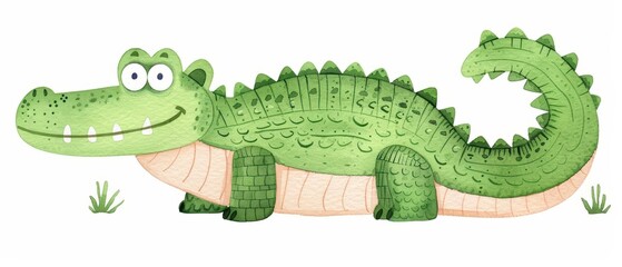 Obraz premium A crocodile is depicted in a cute, kawaii watercolor style, isolated on a white background, with a friendly grin and playful demeanor