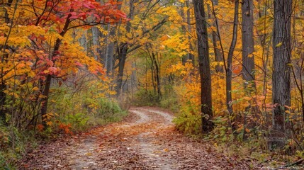 Obraz premium Tranquil Autumn Forest Pathway Blanketed in Golden and Red Leaves