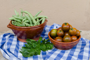 Rustic vegetable still life. Earthenware bowls with green beans and tomatoes freshly picked from the garden adorned with a sprig of celery on a blue and white tea towel. Horizontal photography.