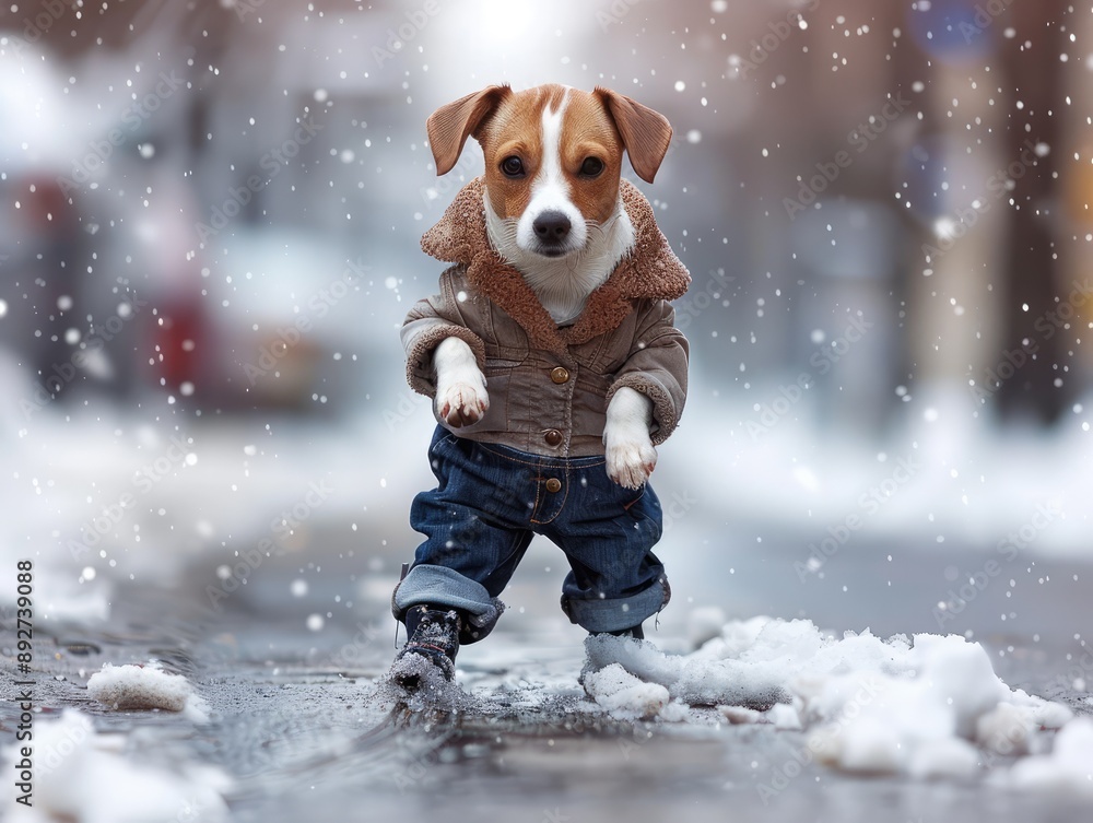 Poster dog playing in snow