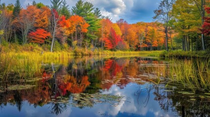 Fototapeta premium Tranquil Reflections: Autumn's Splendor Mirrored in a Serene Pond