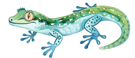 Fototapeta premium A gecko is depicted in a cute, kawaii watercolor artwork, isolated on a white background, with tiny feet and a smiling face