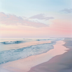 A serene beach at sunset, with colorful skies and calm waters reflecting the fading light.