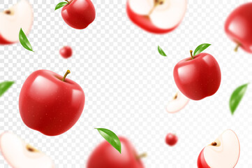 Flying red juicy apples. Bright advertising background falling red apples, realistic with blurred effect. 3d vector illustration