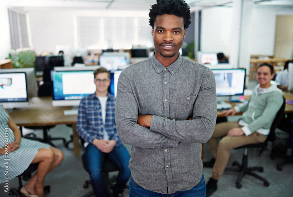 Canvas Prints Portrait, creative and black man with arms crossed, office and employee in business, coworking and proud. Happy, graphic designer and opportunity to learn for intern, confident and person in startup