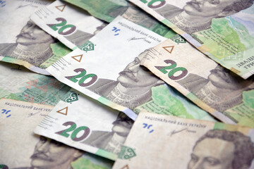 Processed collage of Ukrainian Hryvnia UAH bills banknotes texture. Background for banner