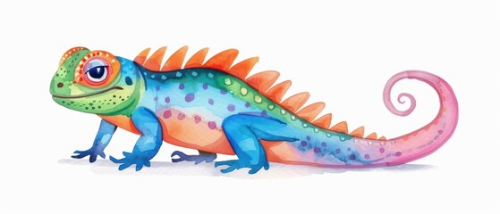 Fototapeta premium A lizard is illustrated in a cute, kawaii watercolor scene, isolated on a white background, with vibrant colors and a cheerful expression