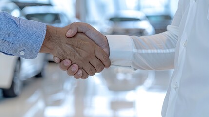 Professional man shaking hands, front view, soft-focus luxury car showroom, close-up shot, closing a vehicle fleet purchase.