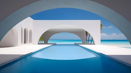 Arched white building with a blue pool