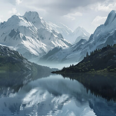 Majestic mountain range mirrored in serene lake, showcasing the beauty of the landscape.