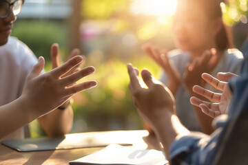 Collaborative Team Discussion and Brainstorming in Outdoor Sunlit Setting