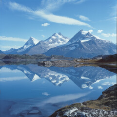 Mountain range reflected in calm lake, creating a stunning mirror effect in nature.
