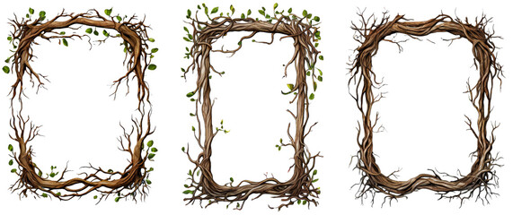 Set of decorative frames made of branches on the transparent background 
