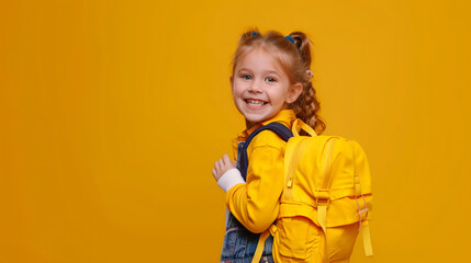 Happy Schoolgirl Ready for Back to School, Holding a Bright Yellow Backpack and Smiling with Excitement