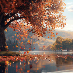 Tranquil lake reflecting vibrant fall colors of trees against a clear blue sky.