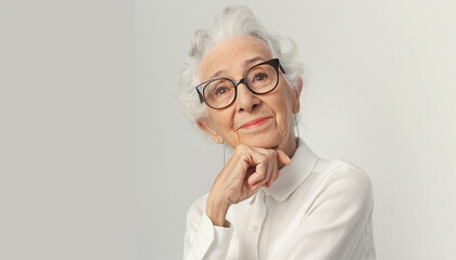 Retrato de Corpo de Idosa Brasileira Elegante com Roupa Branca e &Oacute;culos, Fundo Branco, Fotorealismo IA Generativa