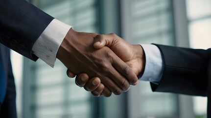 Close up photo of man and woman shaking hands in office. The man and woman wore suits. With a backdrop of modern office buildings