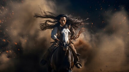 Naklejka premium Woman riding a horse through dust