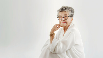Retrato de Corpo de Idosa Brasileira Elegante com Roupa Branca e &Oacute;culos, Fundo Branco, Fotorealismo IA Generativa