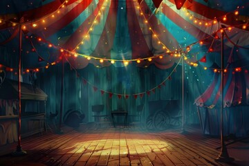 Magical empty circus scene with illuminated string lights and vintage decor