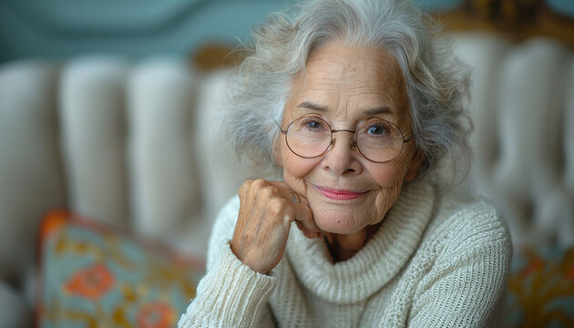 Retrato de Corpo de Idosa Brasileira Elegante com Roupa Branca e &Oacute;culos, Fundo Branco, Fotorealismo IA Generativa