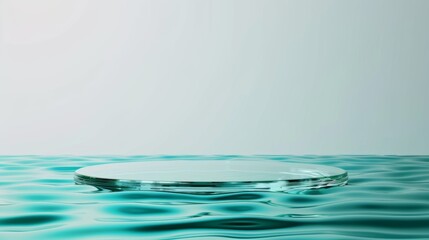 A serene view of calm water with a circular glass object floating on the surface, evoking tranquility and clarity.