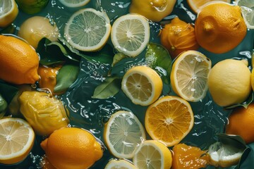 Top view of various citrus fruits immersed in water with slices of lemon and leaves