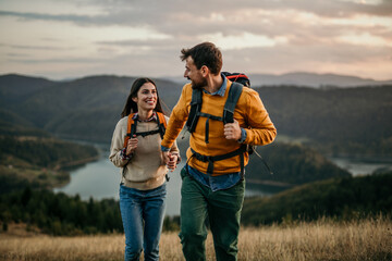 Shot of a couple going for a hike up the mountain, lake in the background