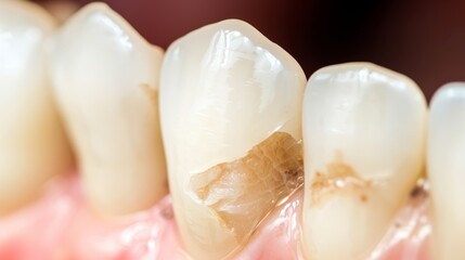 Close-up smile mid-composite bonding procedure, texture and color contrast with natural teeth.