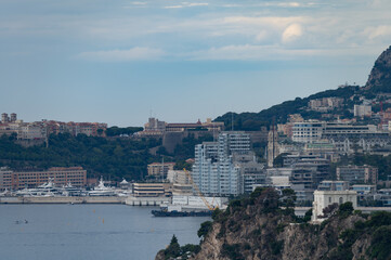 Obraz premium Morning view on houses and harbour of Monte-Carlo town in Monaco principality