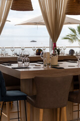 Sandy beach in Monaco, Monte-Carlo Lavrotto beach with clear sea water and beach cafe and restaurants
