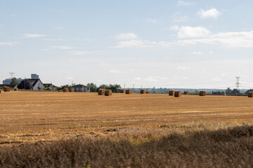 Agriculture in Burgundy, countryside, rural landscape with yellow wheat fields with haystacks,...