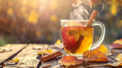 Steaming apple cider with autumn leaves