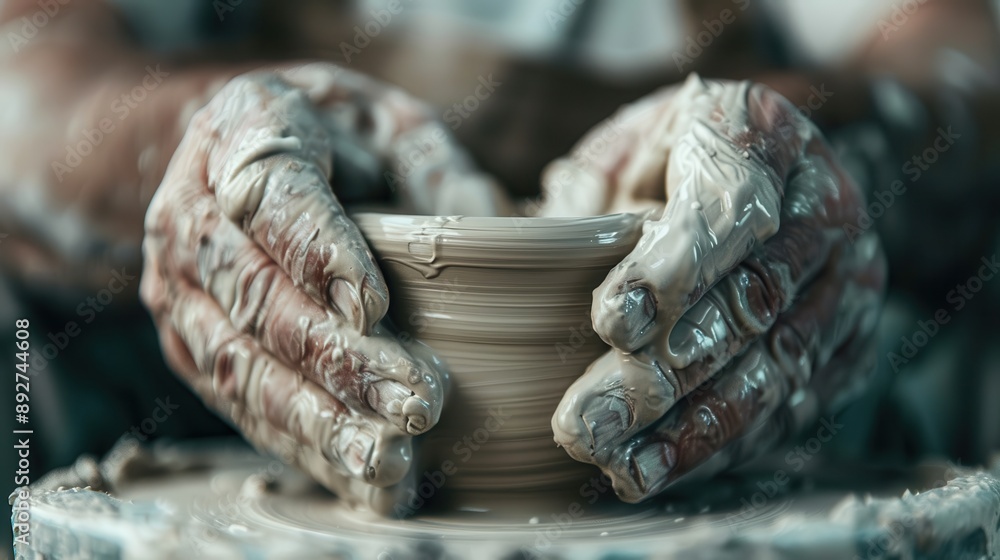 Poster this image captures a close-up view of an artisan's hands skillfully shaping a piece of clay on a po