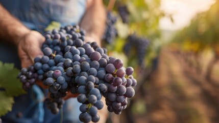 A person displays a tight cluster of deep purple grapes in a lush vineyard, illustrating the fruitful and meticulous nature of agricultural practices in preserving quality.