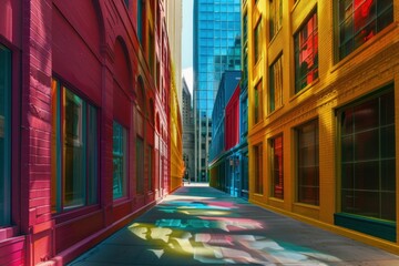 Naklejka premium City alleyway casts vivid shadows on the pavement between brightly painted urban buildings