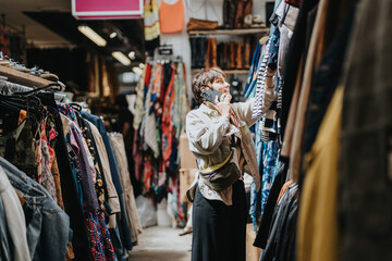 A woman shopping in a vintage second-hand clothing store while speaking on the phone, surrounded by racks of colorful clothes.