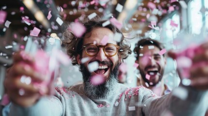 A man with glasses and a beard celebrating with friends amidst flying pink confetti, evoking feelings of joy, festivity, and camaraderie in a jubilant moment.
