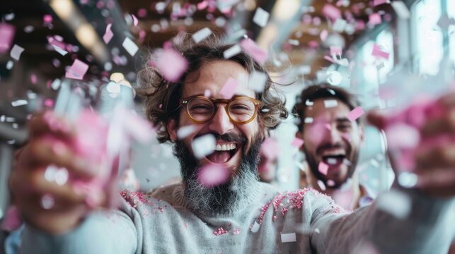 A man with glasses and a beard celebrating with friends amidst flying pink confetti, evoking feelings of joy, festivity, and camaraderie in a jubilant moment.