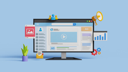 Social media SEO marketing, digilal advertising, promotion, ad management, content marketing or online campaign concept.3D social media page on computer with marketing icons