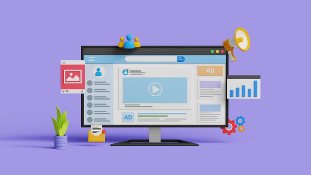 Digital marketing, social media advertising, SEO, PR via social media to drive sales or brand awareness concept. 3D social media page on computer with marketing icons