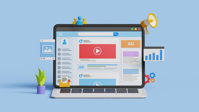 Social media SEO marketing, digilal advertising, promotion, ad management, content marketing or online campaign concept.3D social media page on laptop with marketing icons