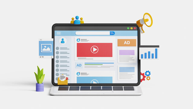 Social media marketing, promote brand, SEO, digital advertising, content marketing or online campaign concept. 3D social media page on laptop with marketing icons